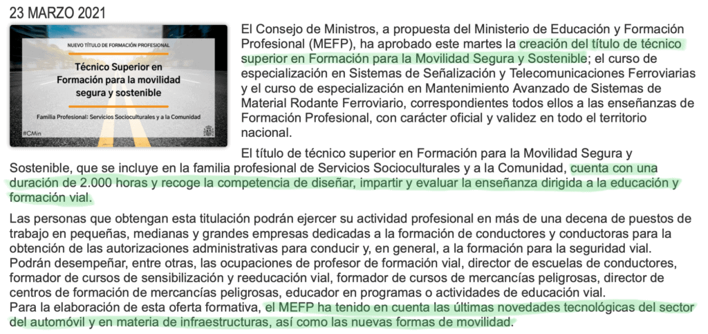 Técnico superior en formación en movilidad segura y sostenible.