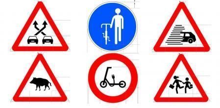Señales de advertencia para coches eléctricos, peatones y condiciones peligrosas en la vía.