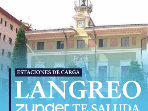 Edificio histórico en Langreo con señalización de estaciones de carga eléctrica Zunder.