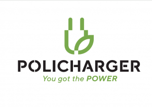 Boceto de cargador de coche eléctrico con logotipo y texto "POLICHARGER" y lema "You got the POWER".