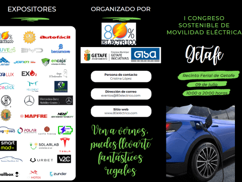 Apariencia de un coche eléctrico azul en un evento de movilidad eléctrica en Getafe, con información.
