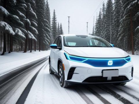 Coche eléctrico Tesla Model 3 en carretera nevada rodeada de árboles y nieve.