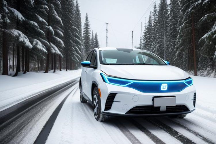 Coche eléctrico Tesla Model 3 en carretera nevada rodeada de árboles y nieve.