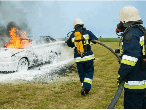 Bomberos apagando un coche en llamas con manguera en campo abierto.