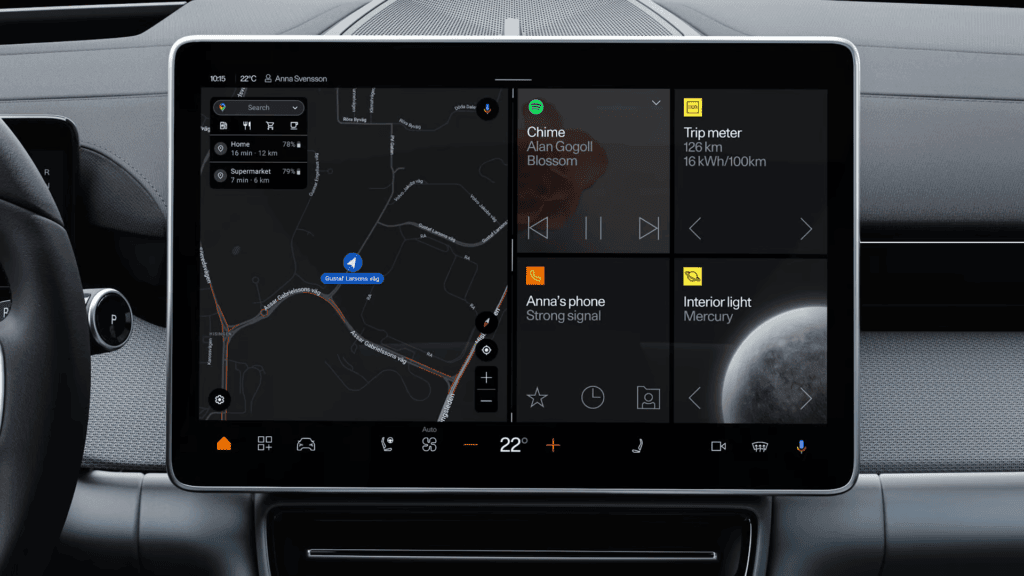 Bocina inteligente en coche con pantalla digital y aplicaciones de navegación y música.