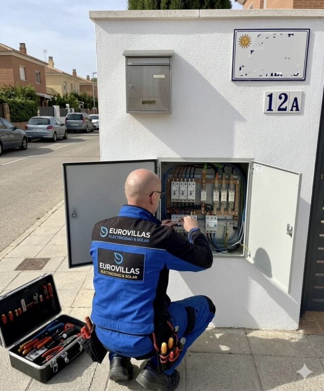 Técnico instalando cuadro eléctrico en pared exterior con herramientas.